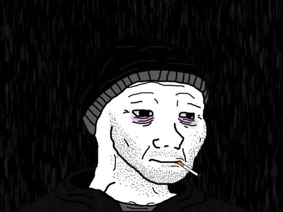 Drawing of a weary-looking character with a beanie and stubble, smoking a cigarette. The expression is somber, set against a dark background.