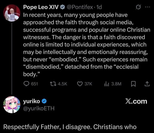@Pontifex

In recent years, many young people have approached the faith through social media, successful programs and popular online Christian witnesses. The danger is that a faith discovered online is limited to individual experiences, which may be intellectually and emotionally reassuring, but never "embodied." Such experiences remain "disembodied," detached from the “ecclesial body."

@yurikoETH

Respectfully Father, I disagree. Christians who