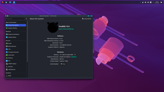Scrot of KDE 6.5.2. on FreeBSD 15 beta5