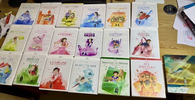 The Blurays for almost every Ghibli movie except for Totoro, Kiki, Porco and Kaguya, which I already owned, on my desk