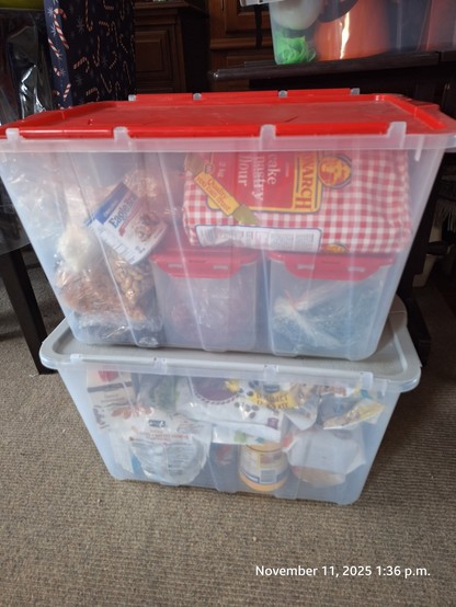 Two large storage containers with supplies for my Christmas baking.