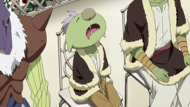 Gobuta from « Tensei shitara slime » etc, asleep on his chair a few minutes into one of the episodes that earned the anime its « Meetings: The Anime » surname