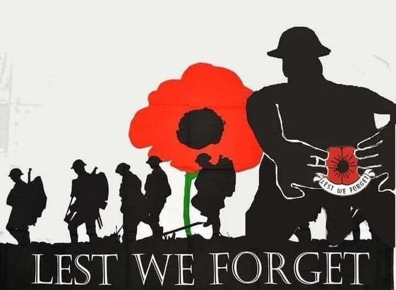 "LEST WE FORGET", a giant poppy, and some WW1 soldiers, one of whom is... prolapsing a poppy
