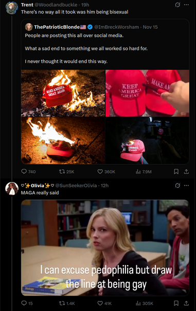 A screenshot of two social media posts. The top post shows a user reacting to another account that laments people burning red political hats associated with the Make America Great Again slogan. Four images below that text show different views of these red hats on fire, some on pavement at night and one being held under a flame. The bottom post contains a reaction meme using a scene from a TV comedy where a blonde woman at a study table looks incredulous while someone in the background watches. …