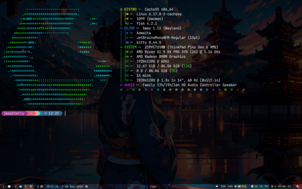 The `fastfetch` output showing the laptops hardware: An AMD Ryzen AI Pro 9 HX 370 processor, 96GB of RAM, 4TB of storage spcae, running Sway.
