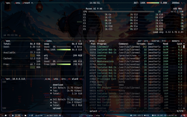 A screenshot of `btop` running in a `kitty` terminal showing the CPU using about 3W of power.