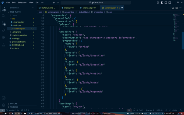 A view of the JSON schema for validating PF2E character information.