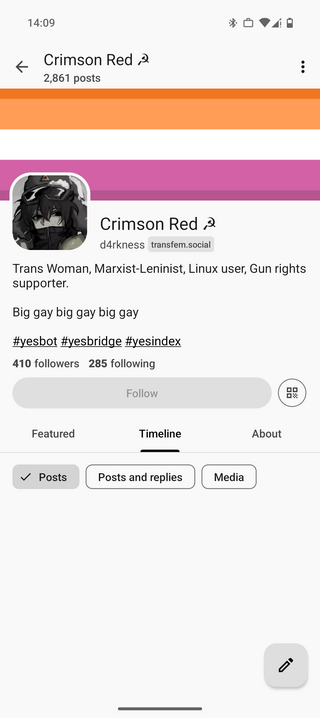Profile screen of Crimson Red featuring profile image, post count, bio stating "Trans Woman, Marxist-Leninist, Linux user, Gun rights supporter," hashtags, and follower stats.