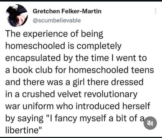 Gretchen Felker-Martin
@scumbelievable

The experience of being homeschooled is completely encapsulated by the time I went to a book club for homeschooled teens and there was a girl there dressed in a crushed velvet revolutionary war uniform who introduced herself by saying "I fancy myself a bit of a libertine"