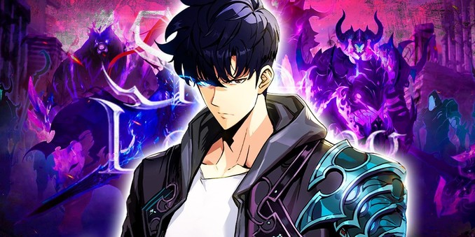 In front there is main protagonist of SOLO leveling.
Guy with leather jacket, white shirt looking manacing into the camera.
Behind him there are some bosses from the game.
Whole background is in blue colors