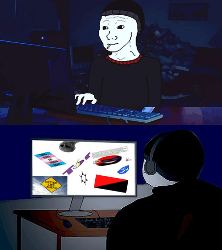 Two-panel cartoon featuring a Wojak-style character at a computer. In the top panel, the character sits in a dark, cluttered room, wearing a beanie and smoking while typing. In the bottom panel, the same character, now wearing headphones, looks at a bright computer monitor displaying a collage of miscellaneous images: a transgender pride flag, a yellow ‘Better Life Ahead’ road sign, a red-and-black diagonal flag, abstract shapes, a small grayscale face, and various other symbols scattered acros…