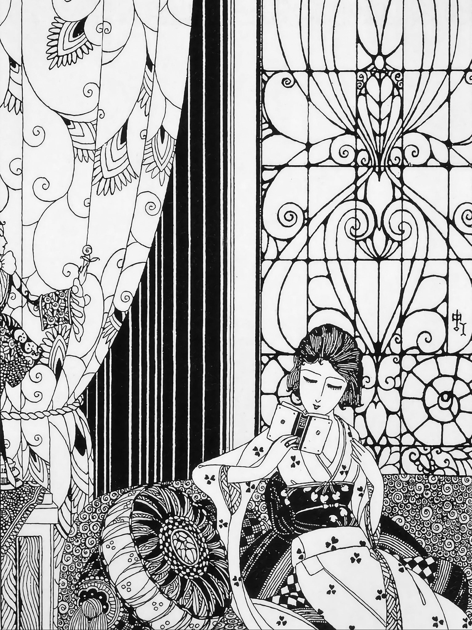 reading under intricate organic glass and curtains