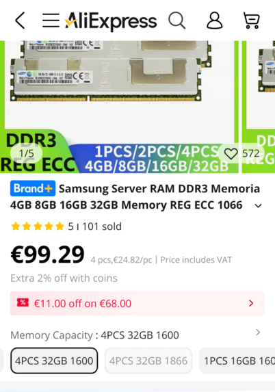 €99.29 incl 23% VAT for 4x32GB DDR3-1600 REG ECC from https://www.aliexpress.com/item/1005006954469980.html
