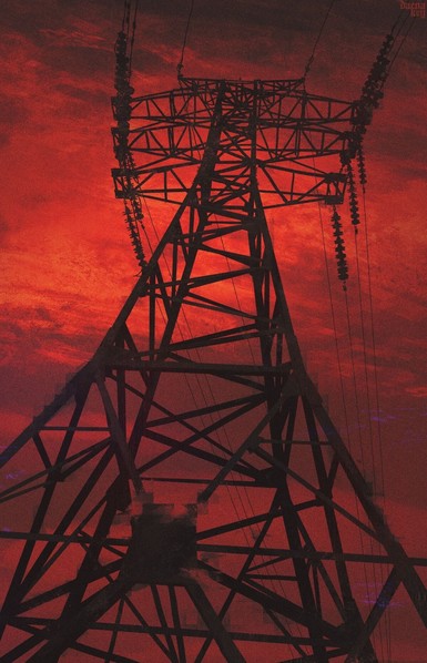 looking up from the base of transmission tower the sky is burning down they say