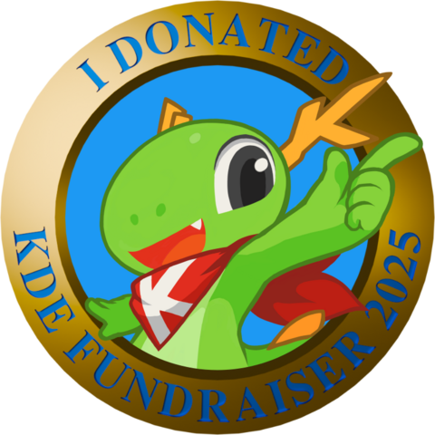 KDE Fundraiser 2025 badge featuring Konqi