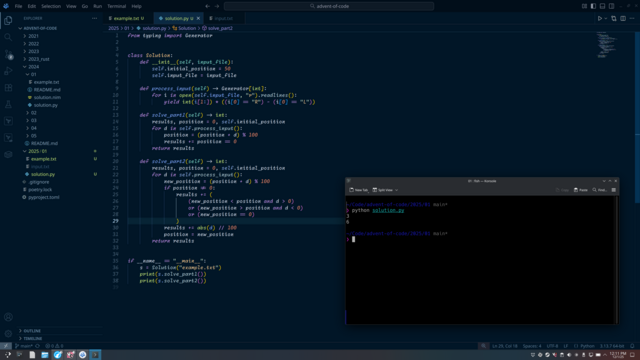 The simple solve for Day 1, will probably do what I usually do and pick a second language to try and go with as the AoC continues.  The code is written in Python using VCS as the IDE.