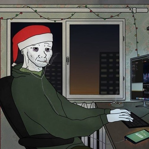 A sad-looking wojak, wearing a green hoodie and a red Santa hat, sits at a computer desk at night. He has a cigarette in his mouth and stares tiredly at a monitor displaying charts and graphs. Colorful string lights hang above the window behind him, and a smartphone lies face-up on the desk. The room is dim, with city buildings visible through the window.