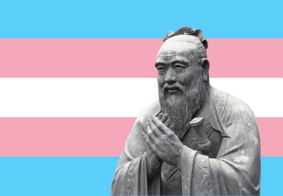 Confucius statue over trans flag