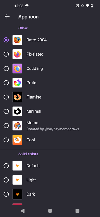 Screenshot of IronFox's settings menu for selecting and changing app icon.