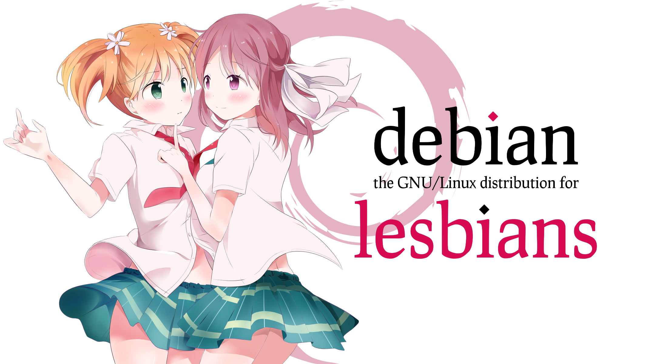 Anime-style illustration of two schoolgirls standing close together, blushing and holding each other. One girl with orange pigtails gestures outward while the other, with pink hair and a large white bow, holds a finger to the first girl’s lips. To the right is the Debian swirl logo and stylized text reading: ‘debian — the GNU/Linux distribution for lesbians.’ The overall design mimics a promotional poster combining anime art with Linux-themed humor.