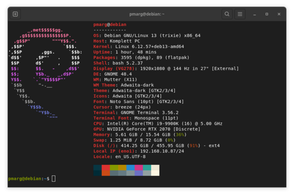 A screenshot of a GNOME Terminal window on a Debian system displaying Neofetch output. On the left is an ASCII art logo of Debian. On the right, system information is listed.