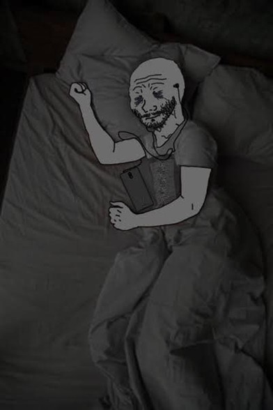 A “Wojak”-style cartoon figure lies in bed under a blanket, holding a smartphone to their chest and wearing earphones, appearing emotional or contemplative in a dimly lit room.