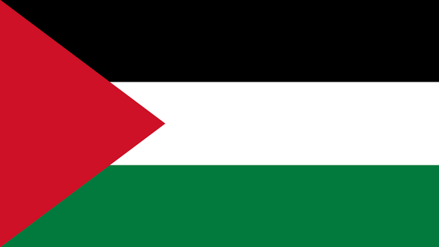 The image shows the Palestinian flag featuring horizontal black, white, and green stripes with a red triangle on the left. 