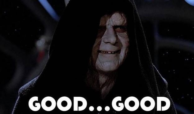 Still from Star Wars showing the emperor happy about something