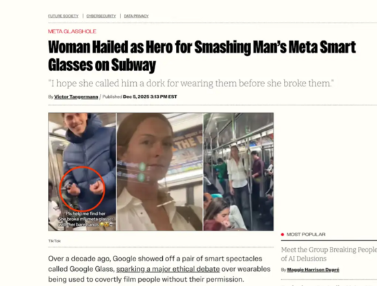 Woman Hailed as Hero for Smashing Man's Meta Smart Glasses on Subway

"I hope she called him a dork for wearing them before she broke them"