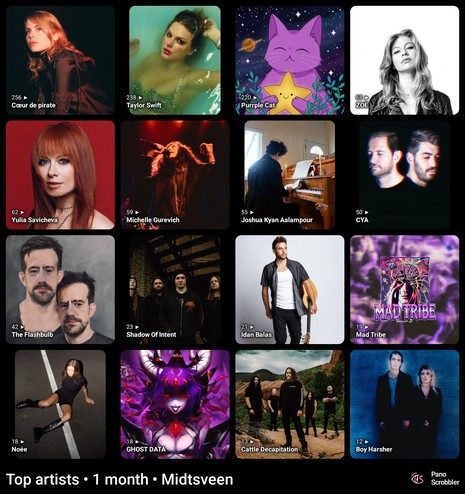 A 4×4 collage of square music artist tiles from the user’s past month of listening, each showing a different photo or artwork. The images vary in style, including portraits, illustrations, and band photos. At the bottom, the interface text reads ‘Top artists • 1 month • Midtsveen.