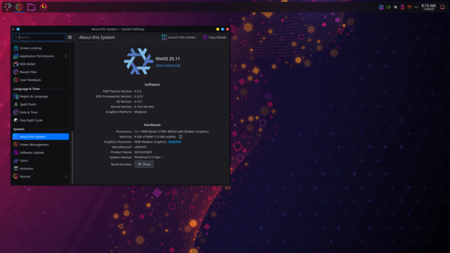 Scrot of asterix-saigon, a KDE Plasma respin of nixbook, running on NixOS Stable 