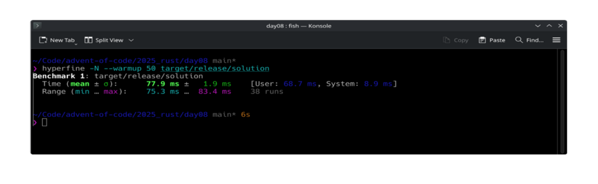 A screenshot of hyperfine showing the solve taking about 77 ms which is a Christmas miracle...
