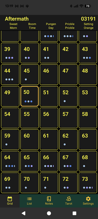 Screenshot of a Discordian calendar app. Dots on dates show when there are events. Bottom tab bar indicates there is also note taking and Discordian tarot reading available
