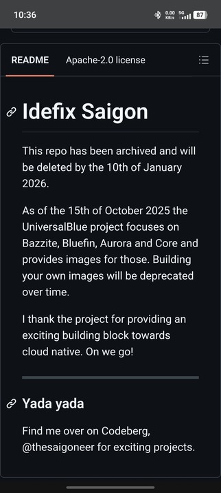 Screenshot of the readme of Idefix Saigon, announcing archival and closing of the repo.