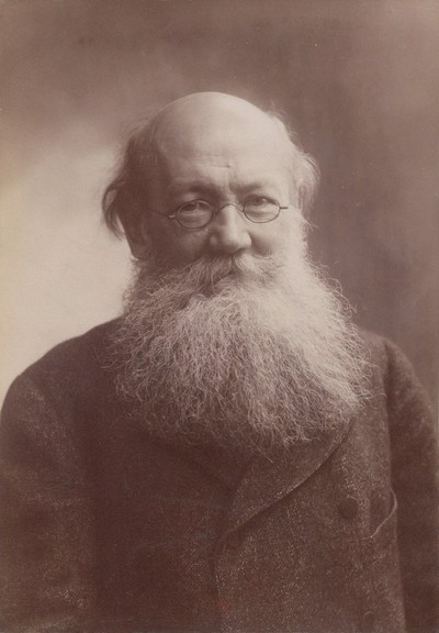 Peter Kropotkin with a bald head and round glasses, featuring a voluminous, bushy white beard. He wears a textured dark suit, exuding a serene and thoughtful demeanor.
