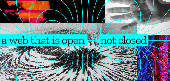 Abstract collage featuring magnetic field lines with a hand and colorful patterns in the background. Text reads "a web that is open not closed," conveying inclusivity.