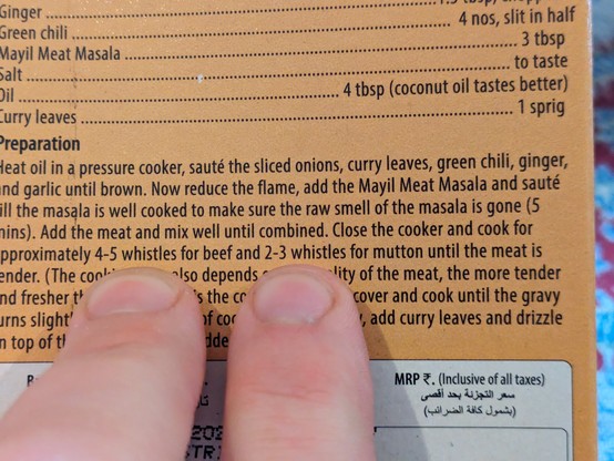 "...Close the cooker and cook for approximately 4-5 whistles for beef and 2-3 whistles for mutton..."