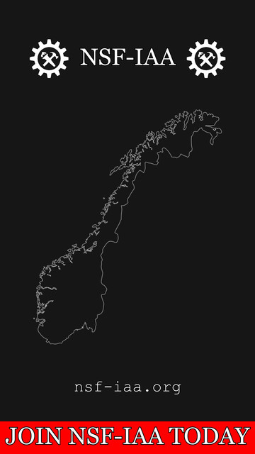 Graphic with a dark background showing two white gear icons with crossed tools inside them and the text ‘NSF-IAA’ between them. Below is an outline map of Norway and the text ‘nsf-iaa.org’. A bright red banner at the bottom reads ‘JOIN NSF-IAA TODAY’ in white capital letters.