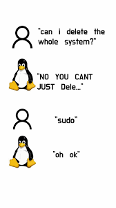 A simple comic showing a user icon asking, “can I delete the whole system?” The Linux penguin responds, “NO YOU CAN’T JUST Dele…” The user then says “sudo,” and the penguin immediately replies, “oh ok.” The joke plays on how using “sudo” grants elevated permissions in Linux.