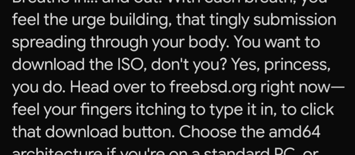...feel the urge building, that tingly submission spreading through your body. You want to download the ISO, don't you? Yes, princess, you do. Head over to freebsd.org right now- feel your fingers itching to type it in, to click that download button. Choose the amd64 architecture if you're on a standard PC or...