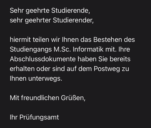 E-Mail zum Bestehen des Studiengangs Master of Science 