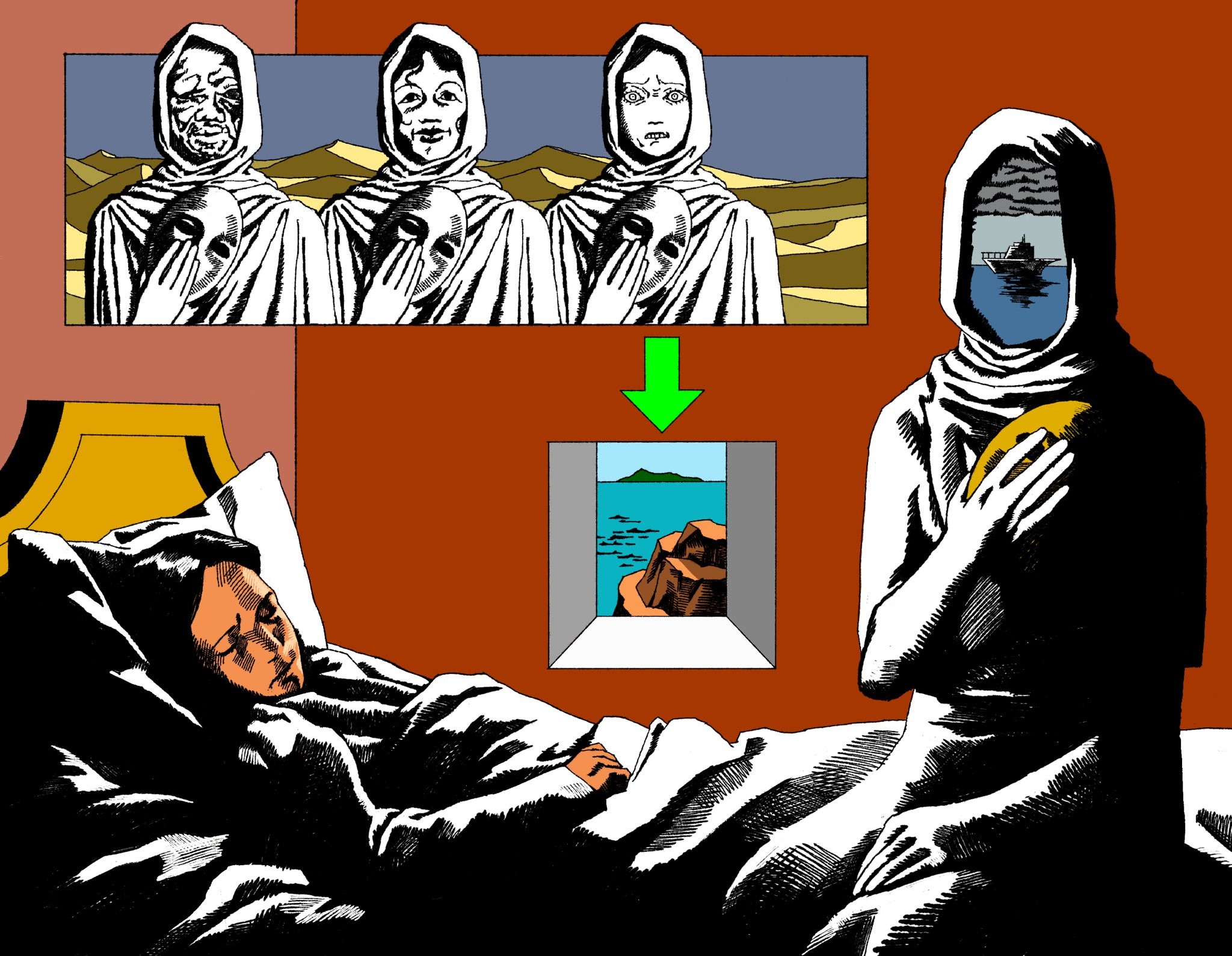 bedridden in bed and there are faces and a boats under the masks