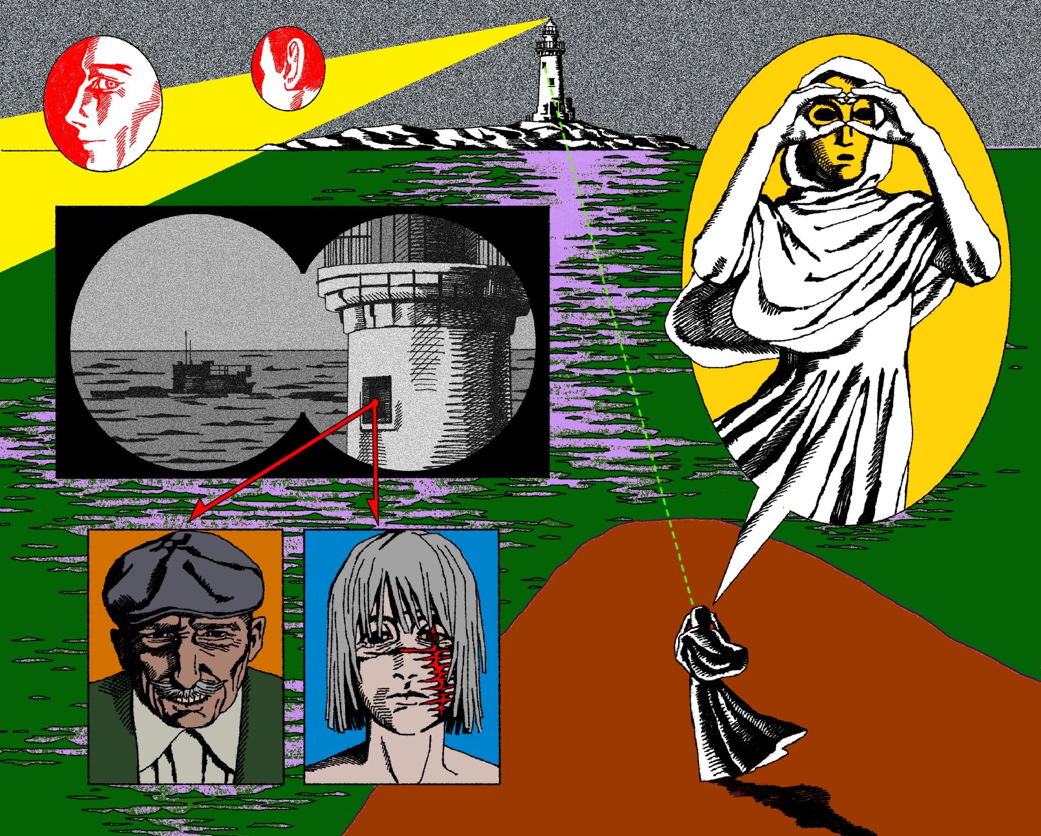 comic diagram of cloaked person watching lighthouse watching watching watching
