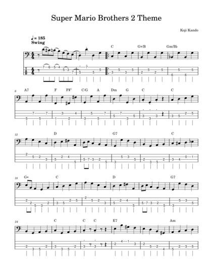 Page 1 of the Super Mario Brothers 2 theme sheet music/tab for the bass guitar.