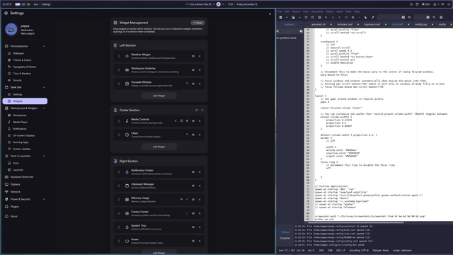 Scrot of the settings window for DankMaterialShell 1.0 on the Niri windowmanager. And the config file of Niri in an adjacent window of Geany. All on Slackware Current!