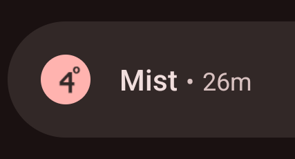 Stark zugeschnittener Screenshot einer Android Benachrichtigung einer Wetter App; Icon '4°C', 'Mist' vor 26 Minuten