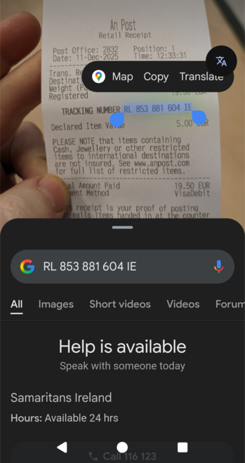 Searching an An Post tracking number causes Google to throw up the Samaritans (anti-suicide) hotline