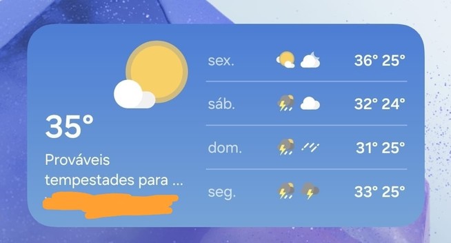 Uma tela de previsão do tempo em azul mostra a previsão para quatro dias. O dia atual é de 35° com a legenda "Prováveis tempestades para…". Os próximos dias são “sex. 36°”, “sáb. 32°”, “dom. 31°” e “seg. 33°”. Cada dia tem um ícone de relâmpago e nuvens.

Fornecido por @altbot, gerado localmente e de forma privada usando Gemma3:27b

🌱 Energia utilizada: 0.155 Wh