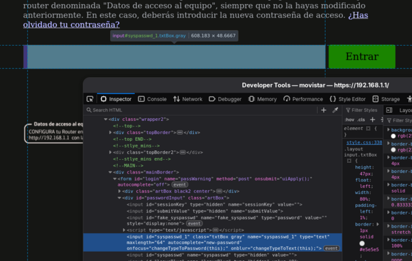 Screenshot of ISP router's login page with devtools opened.