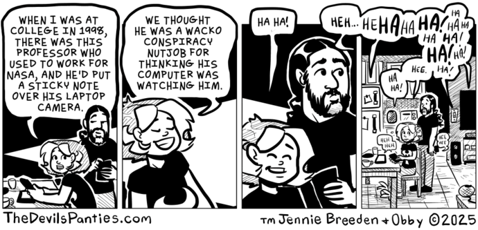 This is a comic strip in black and white, consisting of two panels. The first panel shows two figures in conversation; one figure is speaking while looking at the other, the other is listening. The second panel shows a larger group of figures laughing. 

In the first panel, the figure on the left has short hair, glasses and a beard. The figure on the right has short hair and is smiling. A speech bubble above the first figure reads: “When I was at college in 1998, there was a professor who used …